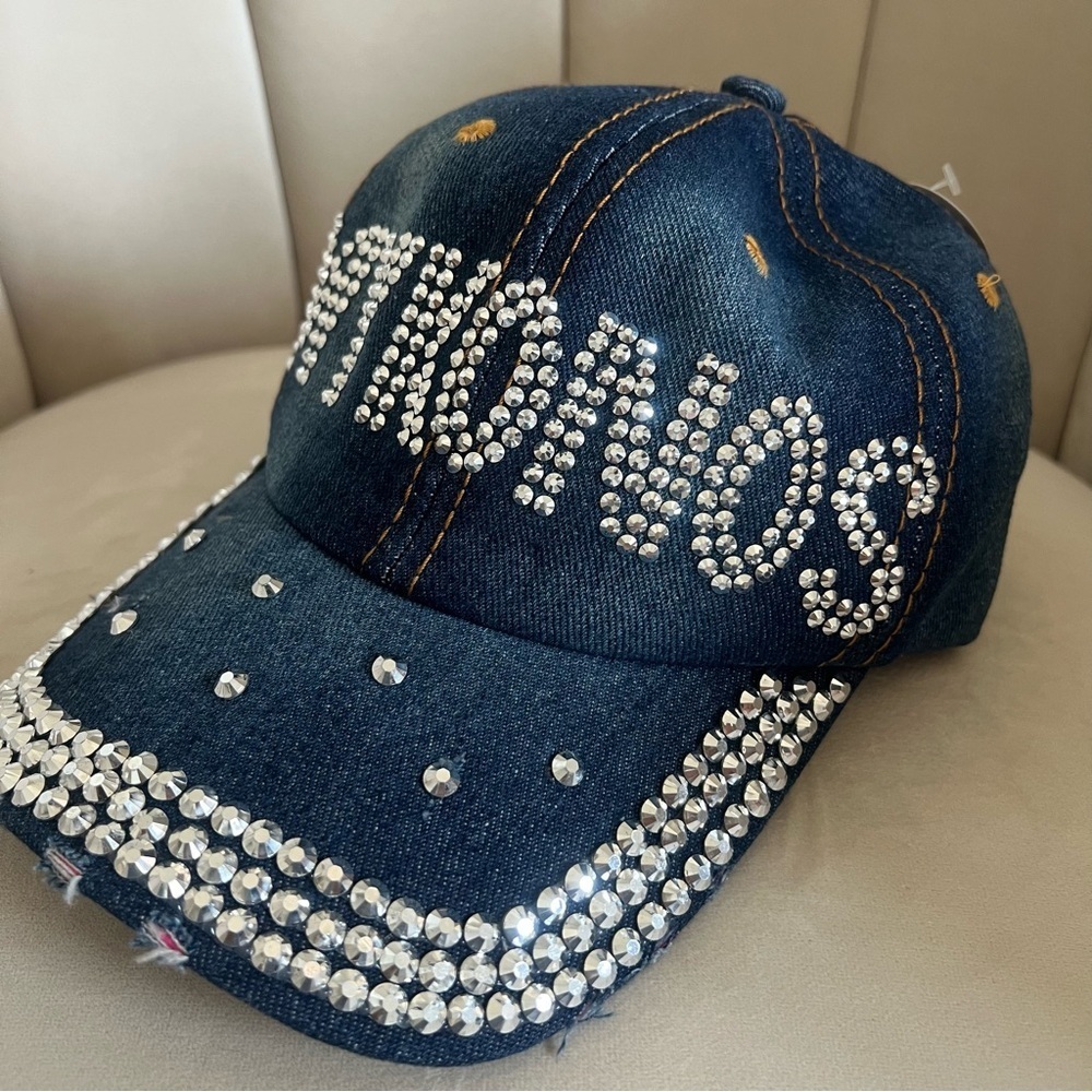 NWT Mykonos Rhinestone Embellished Blue Denim Baseball Hat Cap Adjustable Back